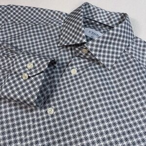 Eton Dress Shirt Men's 15.5-39 Gray Navy Geometric Slim 100% Cotton Button Up